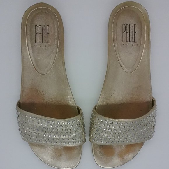 Pelle Moda Gold Leather Rhinestone Slides - Picture 12 of 12